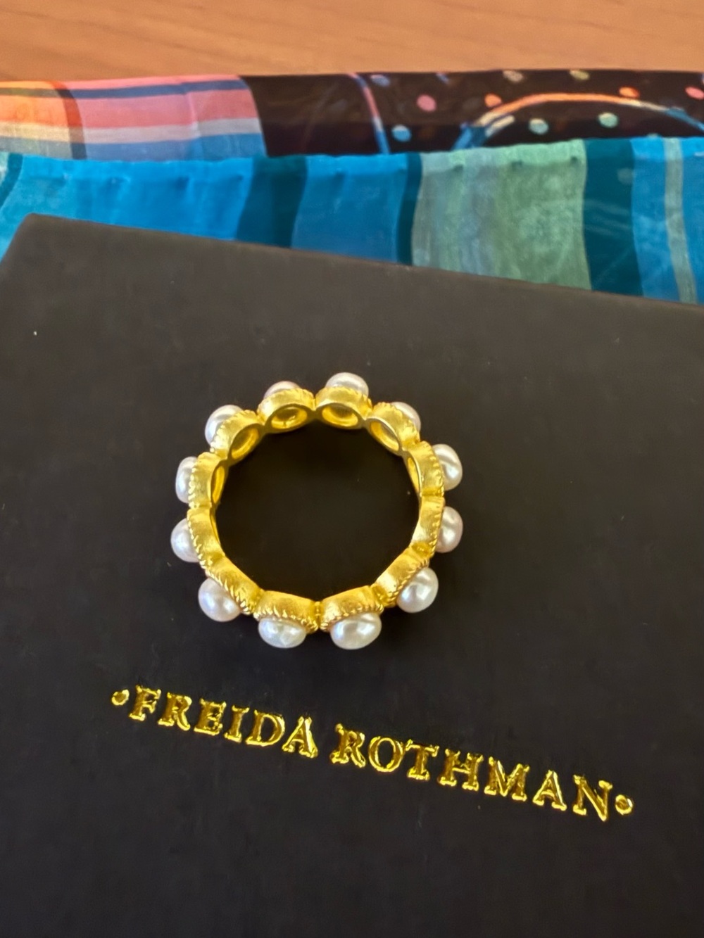 Freida Rothman Gold Pearl Beaded Stackable Ring - White Pearls